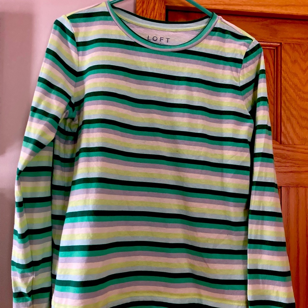 Multi shades of green striped long sleeved tee. Get ready for St. Patrick’s Day!